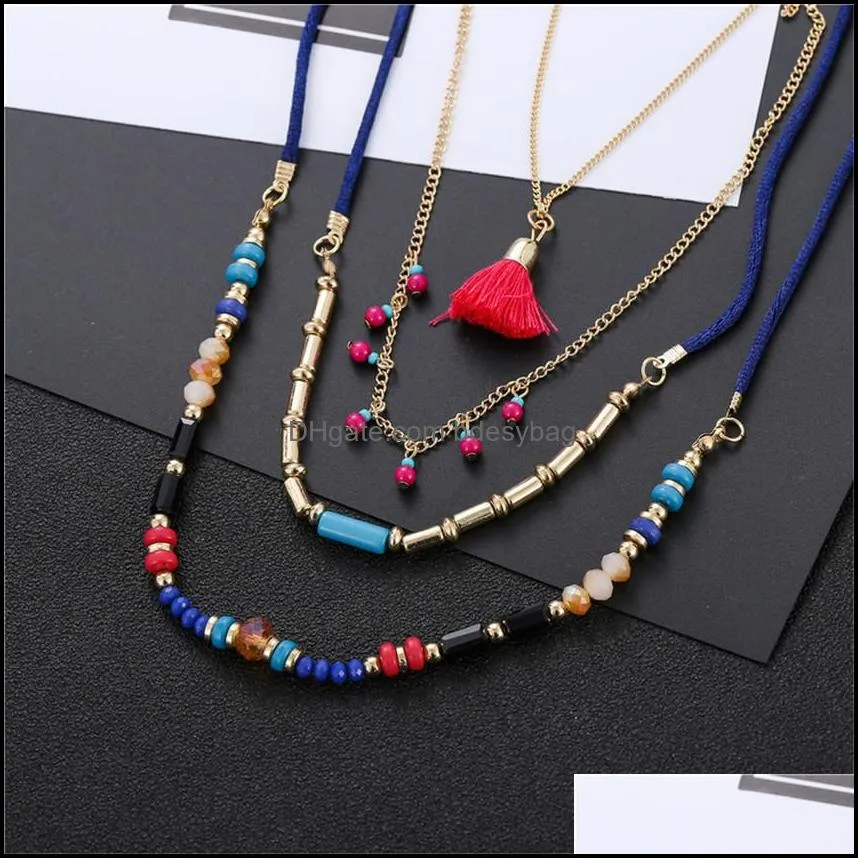 bohemian fashion ethnic style multi layer rice bead chain tassel pendant holiday necklace zemz