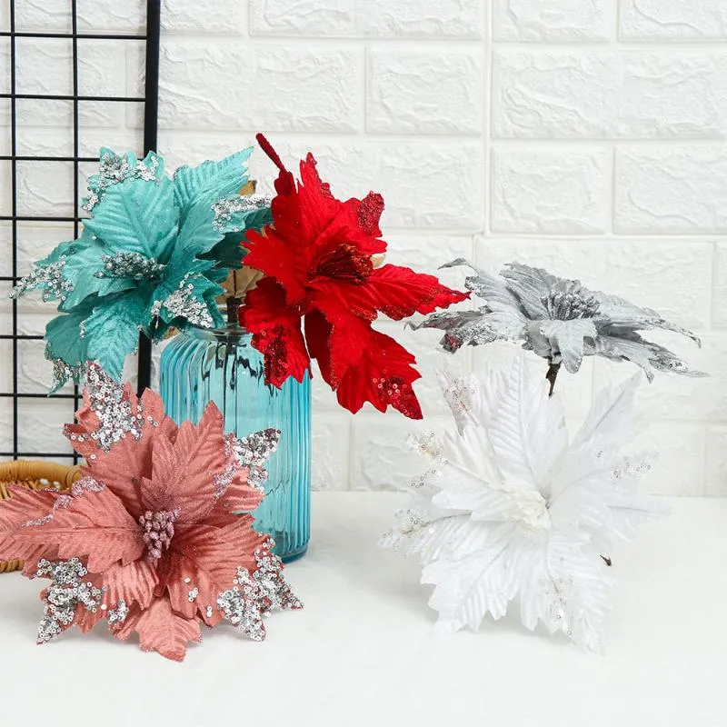 Fleurs décoratives couronnes 20 cm artificielles pour les paillettes ornées poinsettia faux bricolage de Noël décor de Noël de fleur de fleur de fleurie favorsdecorat