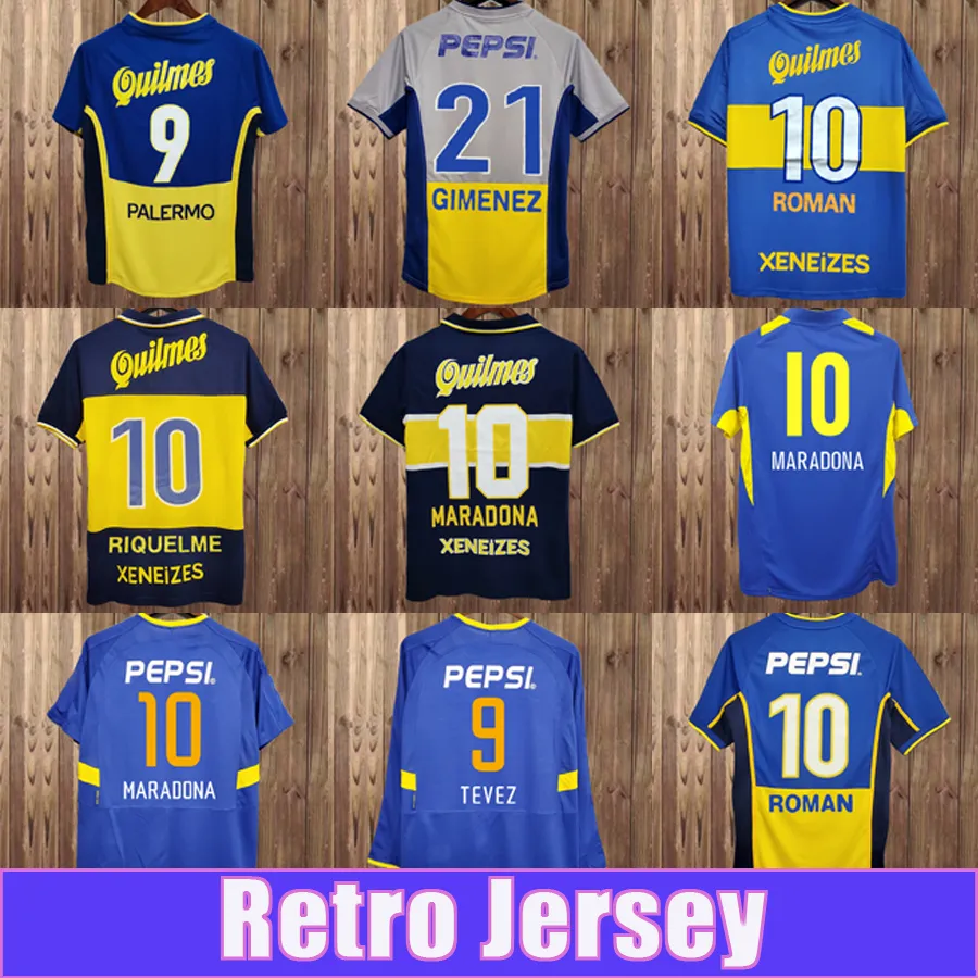 97 98 Boca Juniors Retro MARADONA CANIGGIA 축구 유니폼 2001 ROMAN GIMENEZ RIQUELME 팔레르모 테베즈 홈 어웨이 축구 셔츠