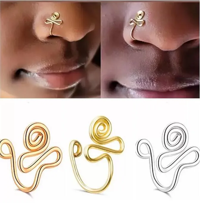 Copper Wire Spiral Fake Piercing Nose Rings Punk Gold Silver Color Clip Nose Also Can Be Ear Clips Cuff for Party Gift