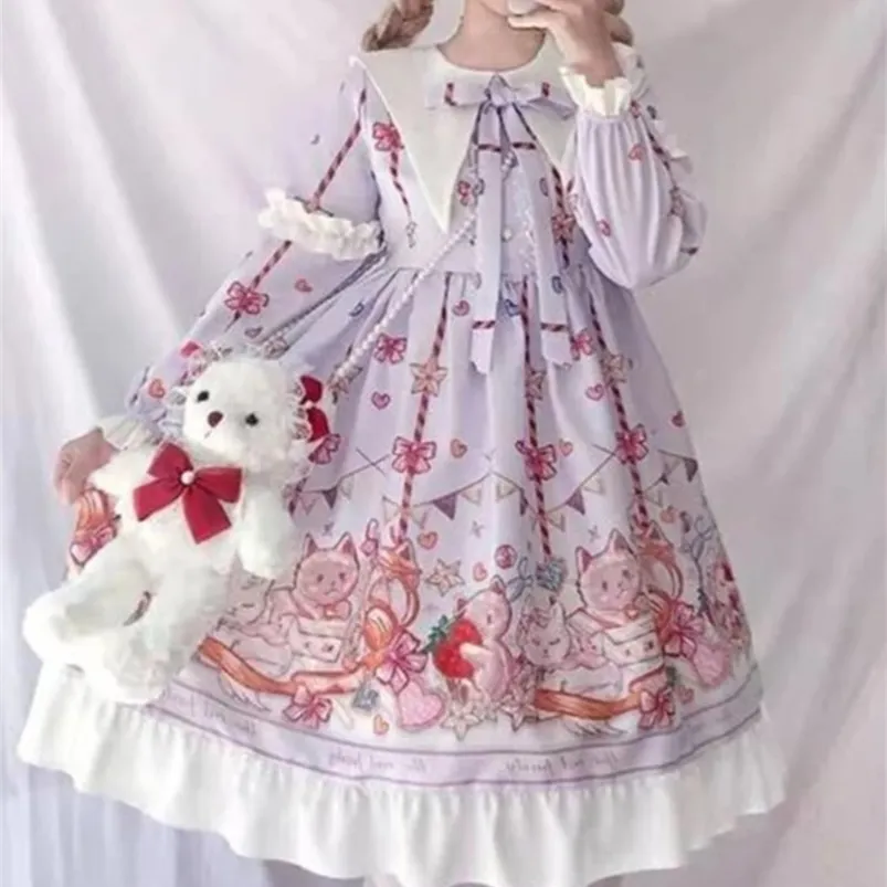 HSTARかわいい女性のロリータオペレーションフラウンスレーストリム日本原宿長袖人形ドレス妖精のvestidos 220317