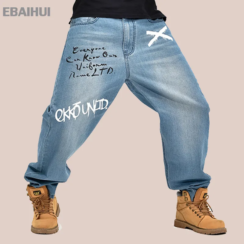 EBaihui erkek denim pantolon gevşek sokak kıyafeti kot hip hop rahat baskı kaykay uzun pantolon erkekler için artı boyutu pantolon