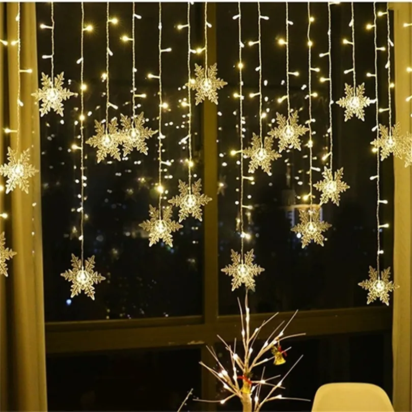 Płatki śniegu LED światła łańcuchowe Miga światła Zasłona Światła Wodoodporna Partia Wakacyjna Podłączalna Wave Fairy Light Christmas Decor 220408