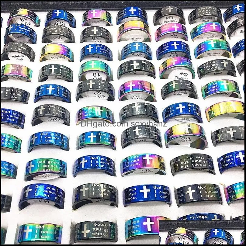 Band Rings Jóias 30pcs Cross Ring Mens Womens Jesus Bíblia Deus Cristo Delicado Mticolor Black Blue Aço inoxidável Marca je dhws4