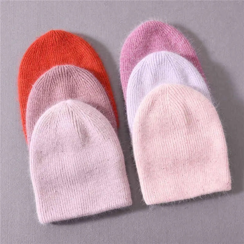 Doğal kaşmir Beanie şapka Uzun tavşan saçları kabarık kadınlar erkekler unisex örgü şapka sıcak yumuşak kalınlaştırıcı çift katman şapkaları j220722