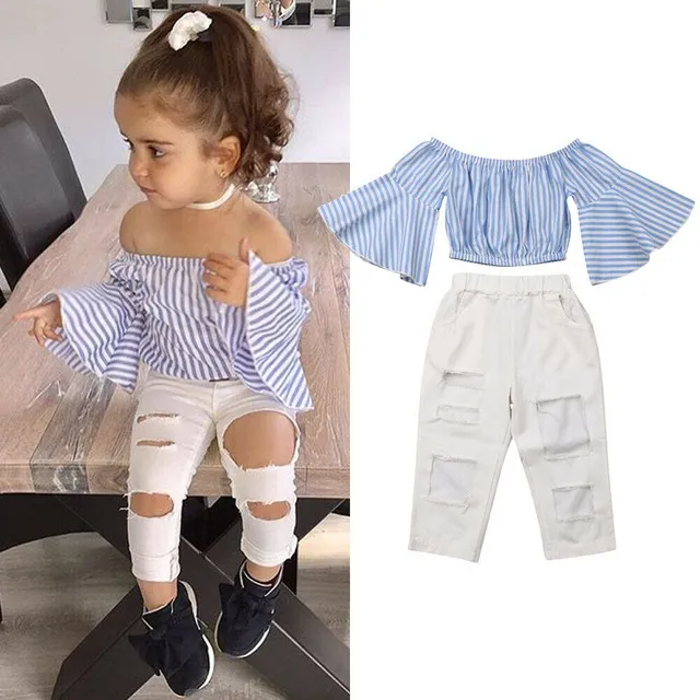 ベビー服の子供の服セット女の子の夏の縞模様のトップスとリッピングされたジーンズ2ピースセットソフト通気性