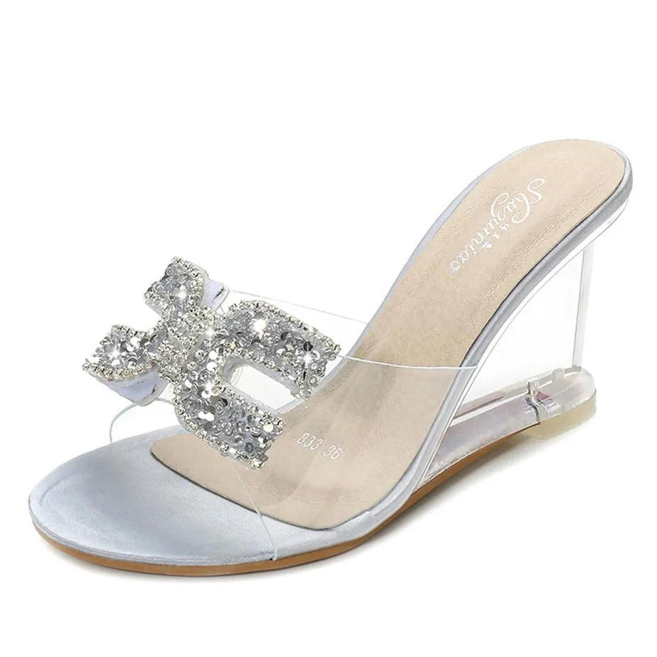 Ladies Sexy Female Rhinestone Transparent Heel Wedges Slip On Shoe High Heel Crystal Sandals Women Summer Peep Toe Sandals J2023312O