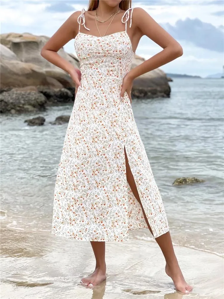 Lässige Kleider Merodi Chic Lady Eleganter Strandstil Blumendruck Weißes langes Schlitzkleid Sommer Damen Vintage Hohe Taille Frankreich Urlaubskleid