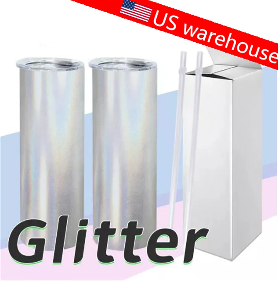 US Warehouse 20oz 30oz Sublimation Glitter Tumbler Straight Holographic Water Bottle Double wall Stainless Steel Rainbow Mug Vacuum Insulated Beer Coffee Mugs