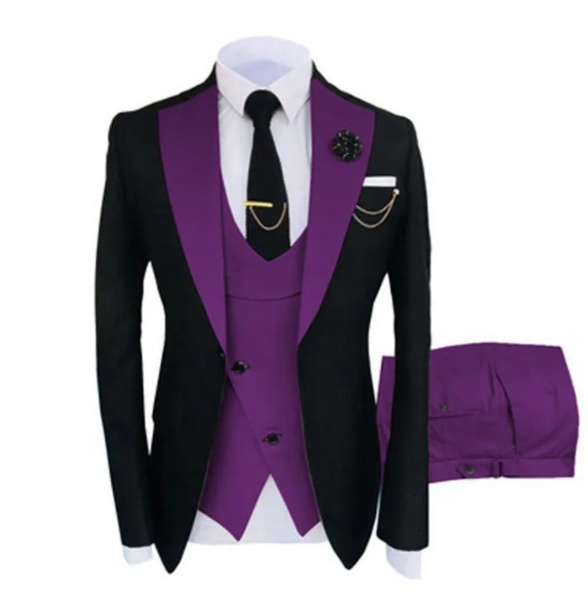 Mode Noir Marié Tuxedos Violet Encoche Revers Slim Fit Garçons D'honneur Hommes Robe De Mariée Excellent Homme Veste Blazer 3 Pièces Costume Veste Pantalon Gilet Cravate 961