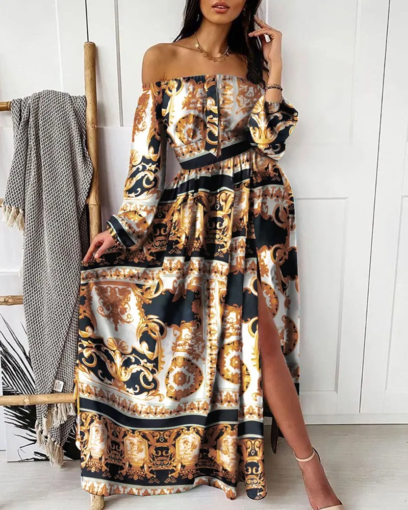 European and American Dress Printed V-neck Retro Long Sleeve Large Swing Open Skirt 2024 New Casual Versatile Fashion Clothing European and American Dress Printed V-neck Retro Long Sleeve Large Swing Open Skirt 2024 New Casual Versatile Fashion Clothing