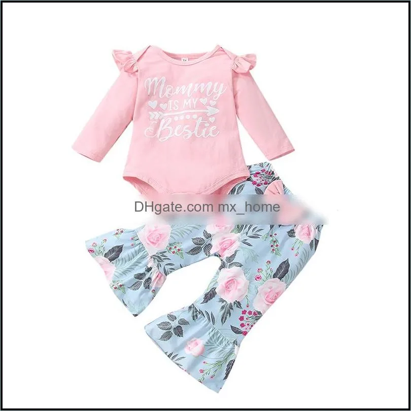 kids clothing sets girls outfits infant flying sleeve letter romper tops flower floral print flared pants 2pcs/set spring autumn fashion boutique baby clothes