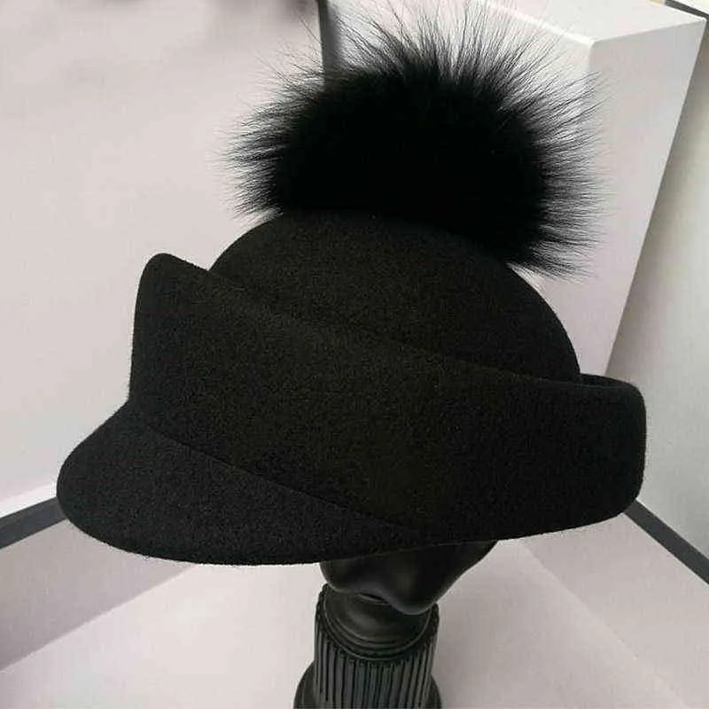ニューブラックベレーの女性帽子ウィザードハットリアルファーボールウールキャップガールズレディアダルトカジュアルウォームウォーム帽子品質ピルボックスキャップJ220722
