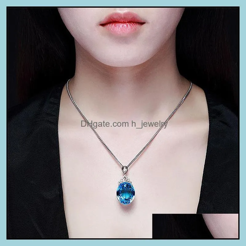 fashion highend large naked stone pendant sky blue topaz pendant necklace 18k white gold plated female color gemstone exquisite hjewelry