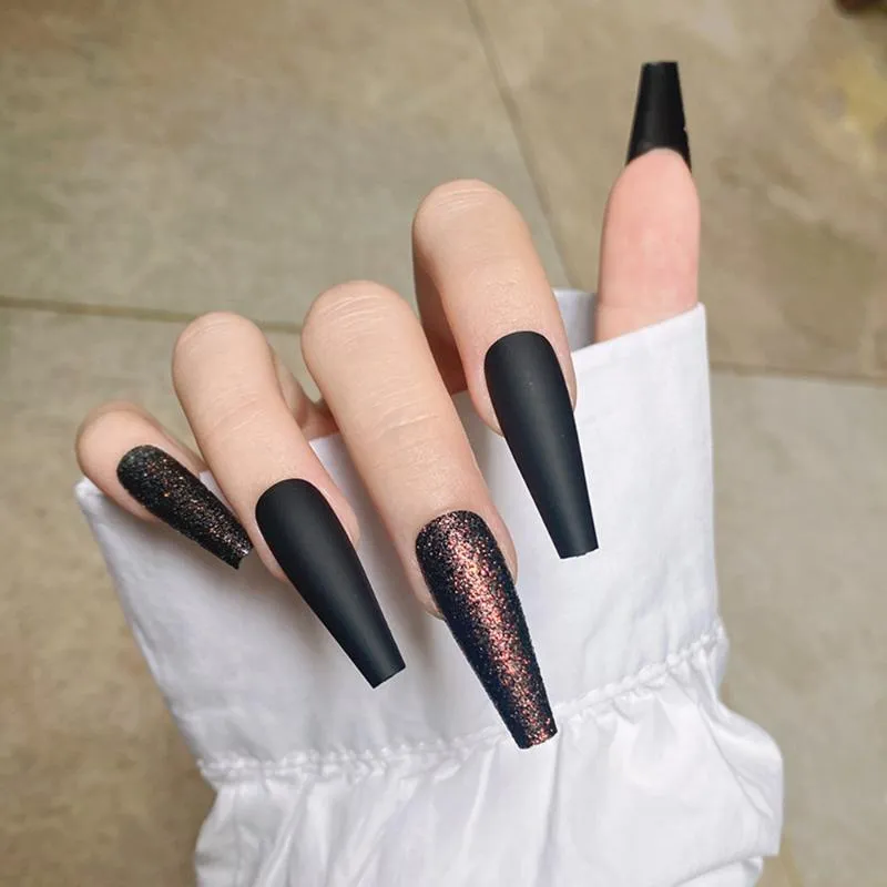 Black Glitter Nails Tips Black Glitter Long Ballerina Coffin