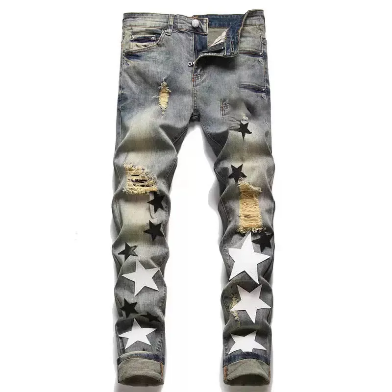 2022ss mens designer jeans déchirés hip-hop haute rue mode Top Qualité Mode couture cyclisme moto broderie près du corps pantalon crayon slim