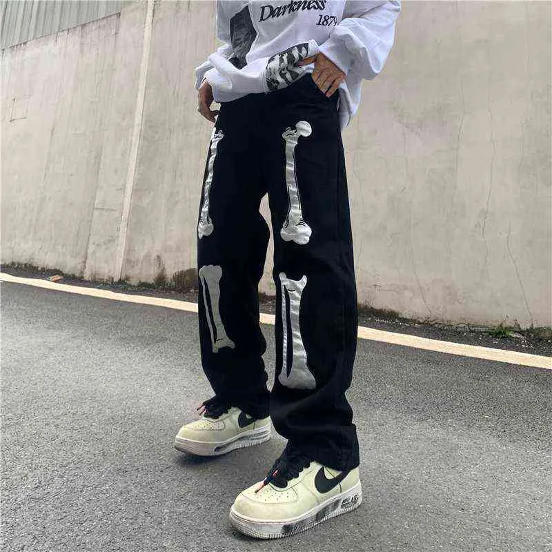 Men's Black Skull Print Baggy Jeans, Casual Skeleton Denim Pants,  Streetwear Hip Hop, Y2K Fashion Trousers