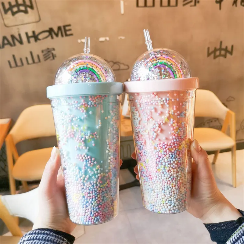 タンブラーダブルレイヤープラスチックカップストローウォーターカップガールホームオフィス朝食ミルクジュースカップ500ml