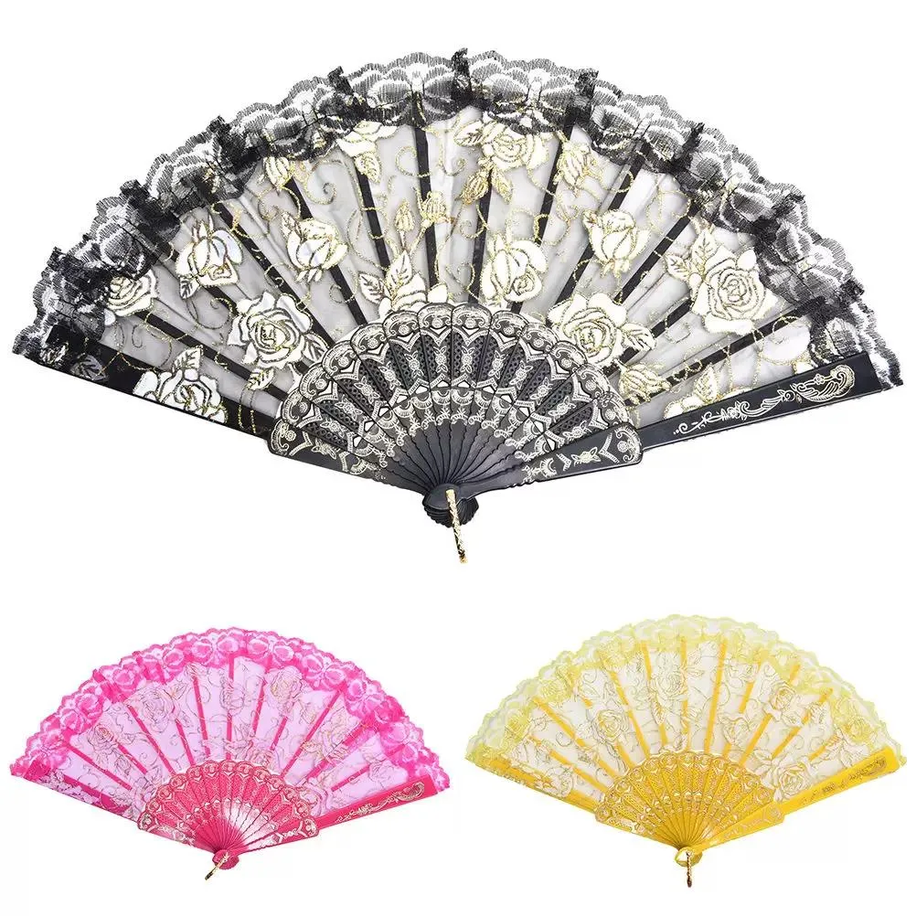 Lace Dance Fan Show Craft Folding Fans Rose Flower Design Plastic Frame Silk Hand Fan DH8886