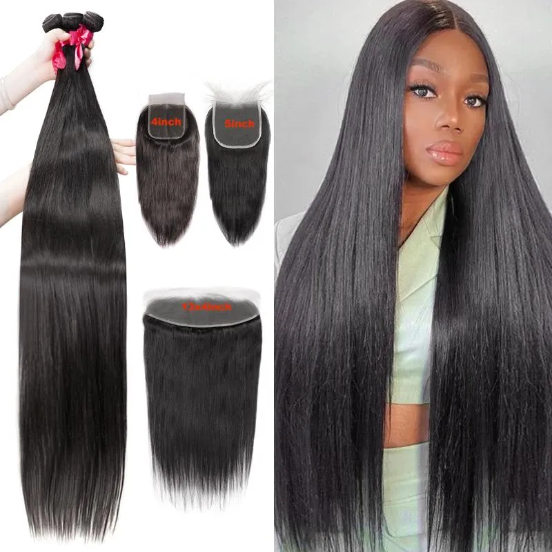 Human Hair Bulks 30 32 40 Inch Bone Straight Bundles With Closure Lace Closures Brazilian Weave