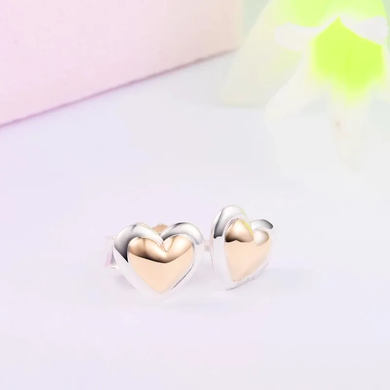 Authentic 925 Sterling Silver DOBED Golden Heart Stud örhängen Luxury For Women Girls Gift Earring Fit Pandora Fashion Jewelry Brincos 299389C00