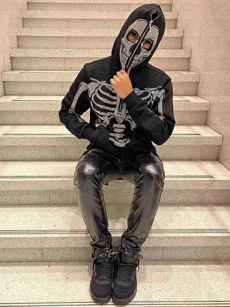 Womens Y2K Fashion Hoodie Skull Rhinestone Zip Up Hoodie Grunge Moletom Melas de tamanho grande punk Harajuku Manga longa Outerwear G220711