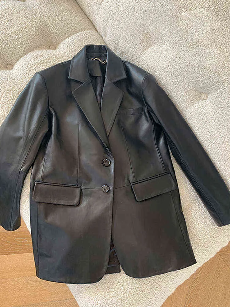 Lautaro Bahar Sonbahar Gevşek Fit Siyah Yumuşak PU Deri Blazer Ceket Kadınlar Uzun Kollu Tek Kesin Kruvaze Su Geçirmez Dış Giyim 2022 L220728