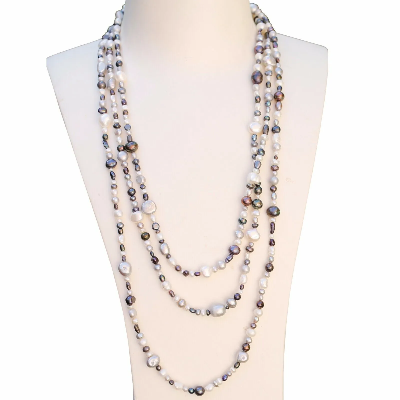 Handgefertigte Halskette, 180 cm, Größe 3–9 mm, barocke weiße, schwarze, graue Süßwasserperle in Morandi-Farbe