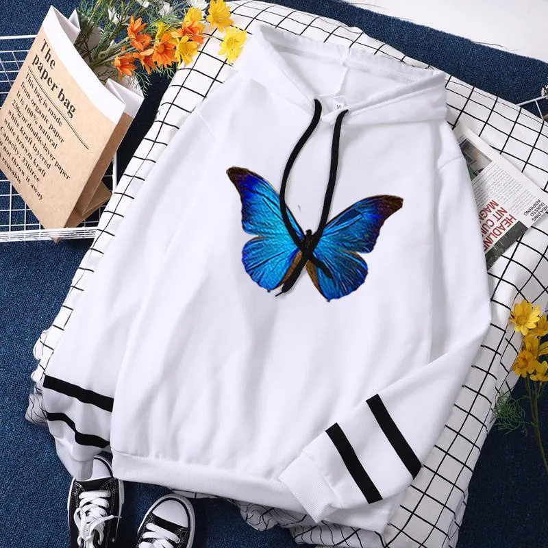 Mariposa azul Pinturas de belleza Mujer Sudadera con capucha Harajuku Fleece Sudaderas con capucha Hip Hop Dibujos animados Empalme Sudadera con capucha 2022 Mujeres de moda con capucha Primavera Mujer S