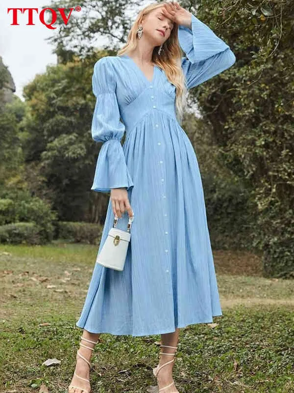 TTQV Sexy Bleu Femmes Robes De Soirée Automne Moulante Col En V Pétale Manches Robe Midi Élégant Mince Simple Robe Femme Robe T220804