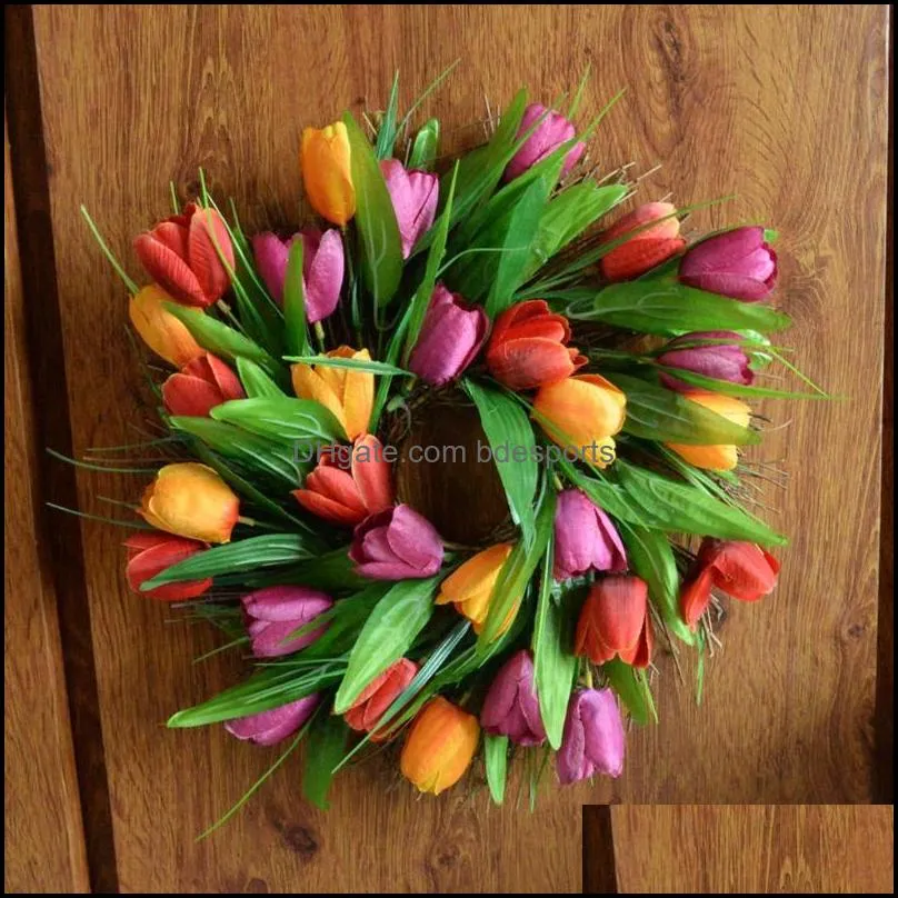Decorative Flowers & Wreaths 35cm Spring Artificial Tulip Front Door Wreath Home Window Wall Hanging Party Decoration Mothers Day