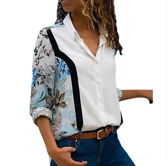 2019 Spring and Summer Womens Shirt European Style New Chiffon Shirt Långärmad solid färgstygn V Neck damer toppar