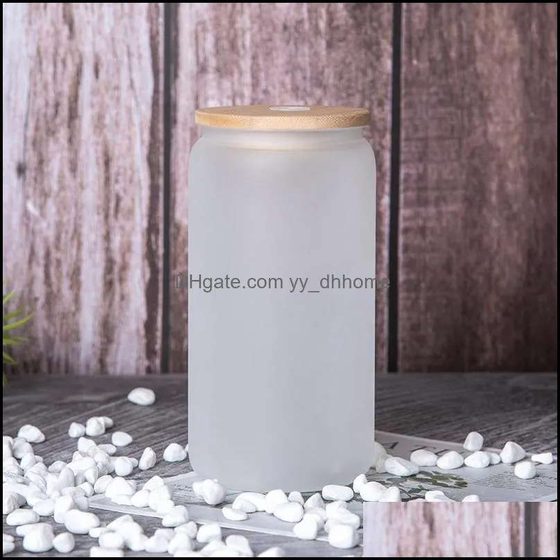 sublimation 12oz glass can tumbler with bamboo lid mason bottle reusable straw beer soda can transparent frosted cup yfab3232