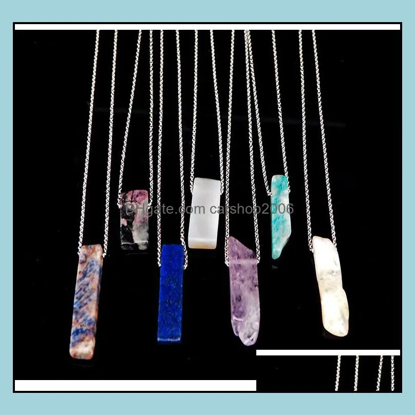 natural stone strip bar necklace rose red blue amethyst crystal green aventurine rectangle stainless steel necklace carshop2006