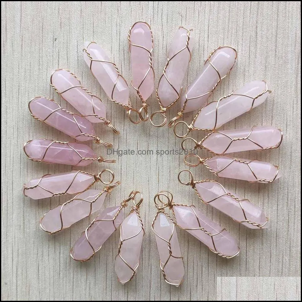 natural stone rose quartz bullet shape charms point chakra pendants for jewelry making gold wire wrap handmade craft sports2010