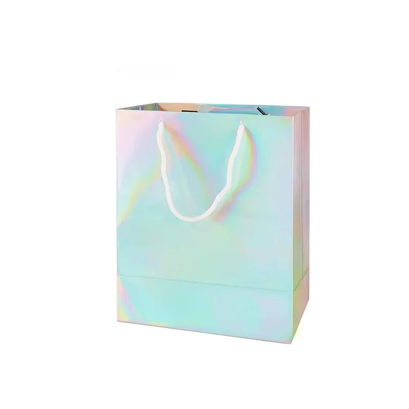 Gift Wrap 100Pcs Holographic Silver Coating Bags With Handles Laser Paper Bag Business Packaging Tote For Wedding PartyGift