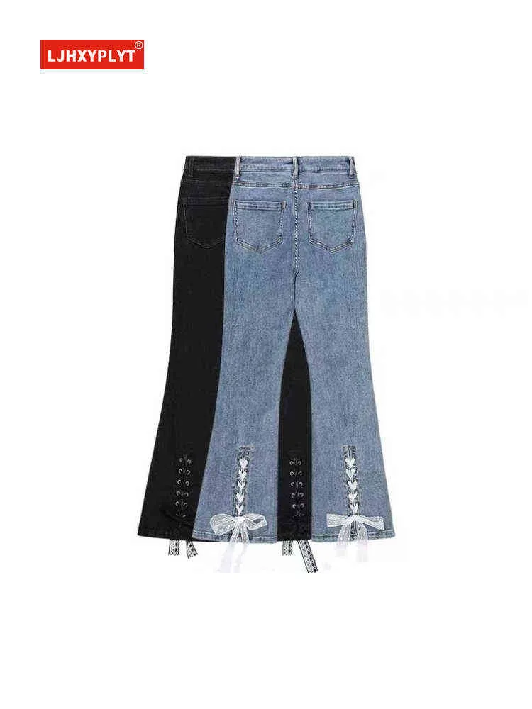 Lace Bandage Microbladed Jeans Women's Summer New Retro Simple High Waist Slim Design Niche Flared Pants Denim Trousers Female T220728