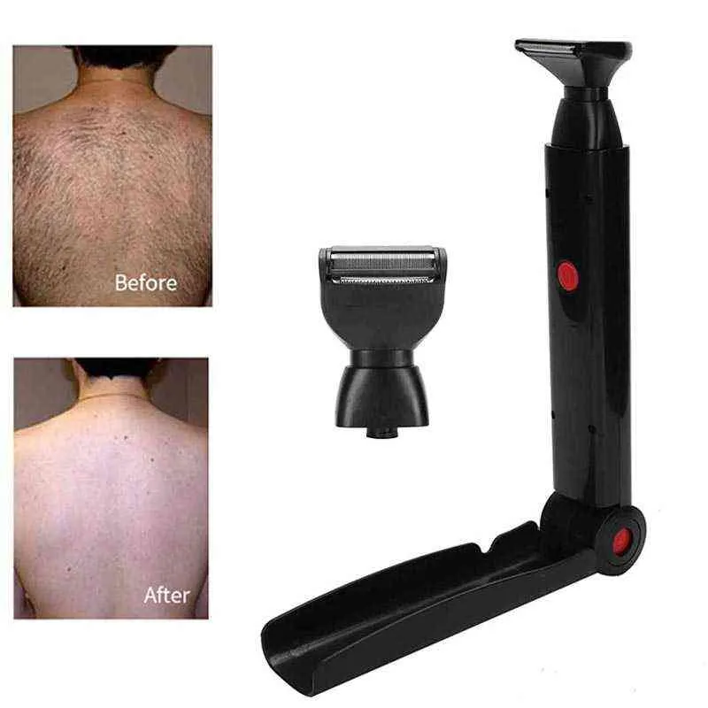 Electric Back Hair Shaver Trimmer Machine Långt handtag USB Folding Dubbelsidig Back Body Hair Leg Removal Tool H220422