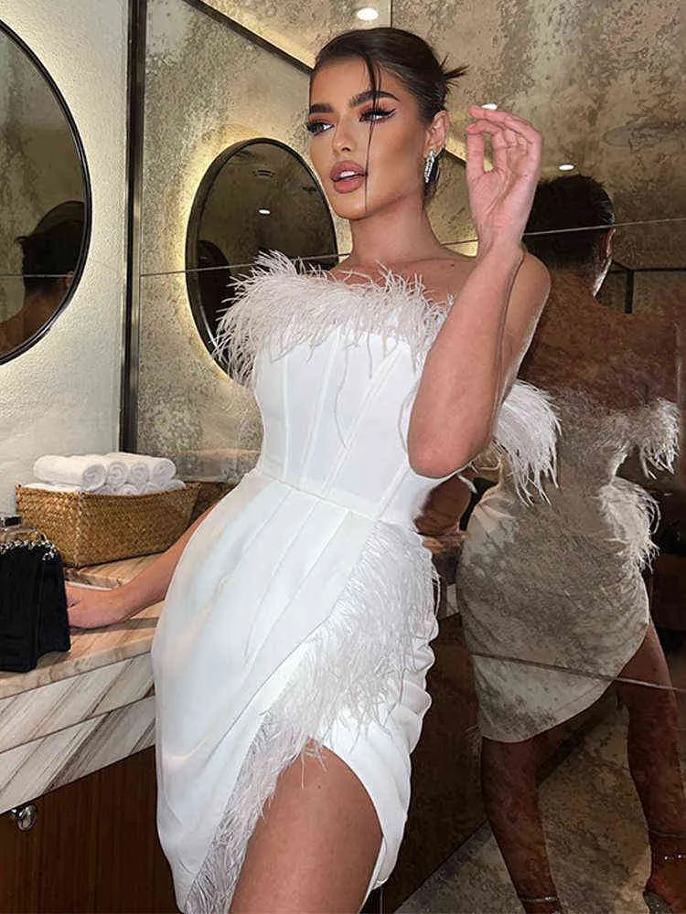 white christmas dresses High Quality Pink Mini Feather V-neck Fashion Bodycon Dress Night Club –  Global Fashions GC main image 1