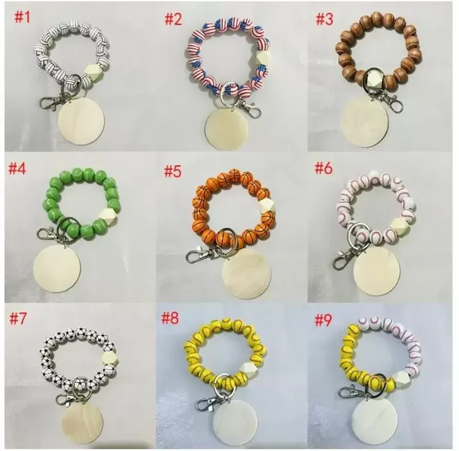 DHL 9 styles bracelet perlé porte-clés pendentif fête faveur sport ballon de football baseball basket-ball bracelet de perles en bois FY3666