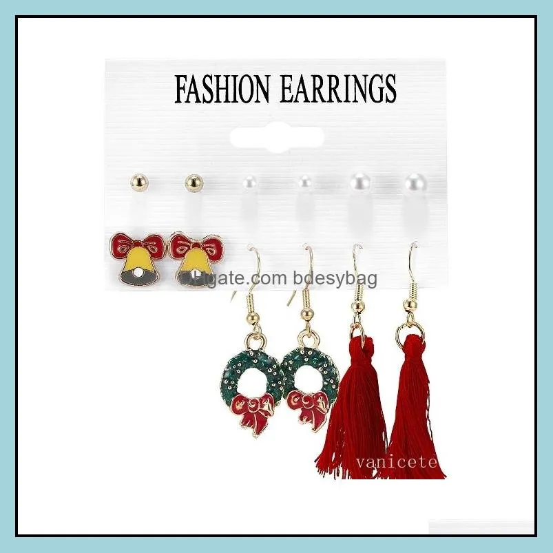 8 style Christmas Earrings 6pair / set socks bell pearl tassel combination card Ear Hook Set T2I52791