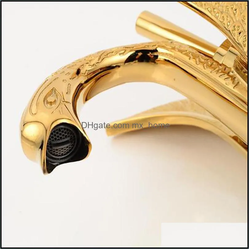 Elegant Swan Shape Brass Gold Finish Bathroom Mixer Taps Deck Mount Basin Vessel Faucet