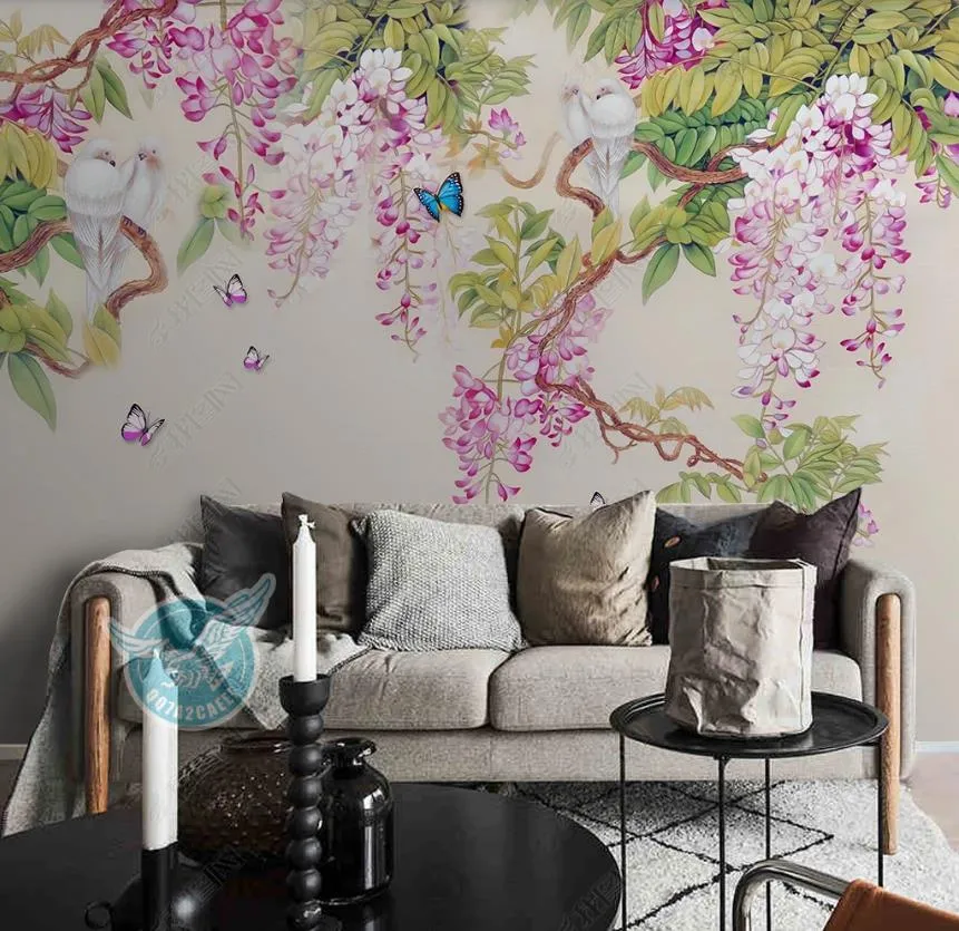 Niestandardowe bułki tapety na ściany dom domowy salon tapeta sypialnia ręcznie malowana wisteria kwiat motyl sofa
