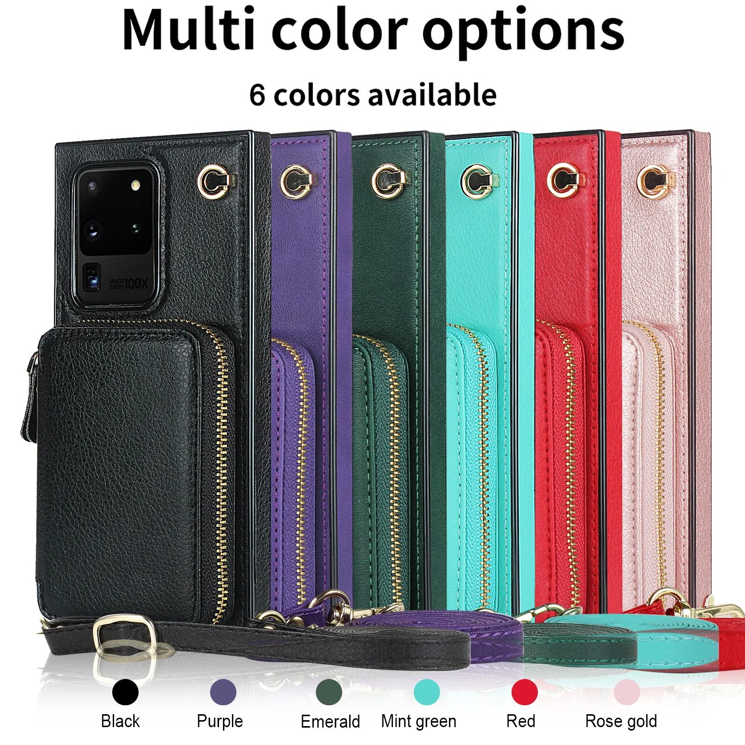 Coques de téléphone antichoc pour Samsung Galaxy S22 S21 S20 Note20 Ultra Note10 Plus étui de protection en cuir PU de couleur unie avec porte-monnaie à fermeture éclair et bandoulière