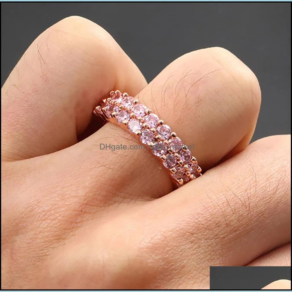 Iced 2 Row 360 Eternity Pink Stone Rings Micro Pave Cubic Zirconia Rose Gold Plated Simulated Diamonds Hip hop Ring for Men Women