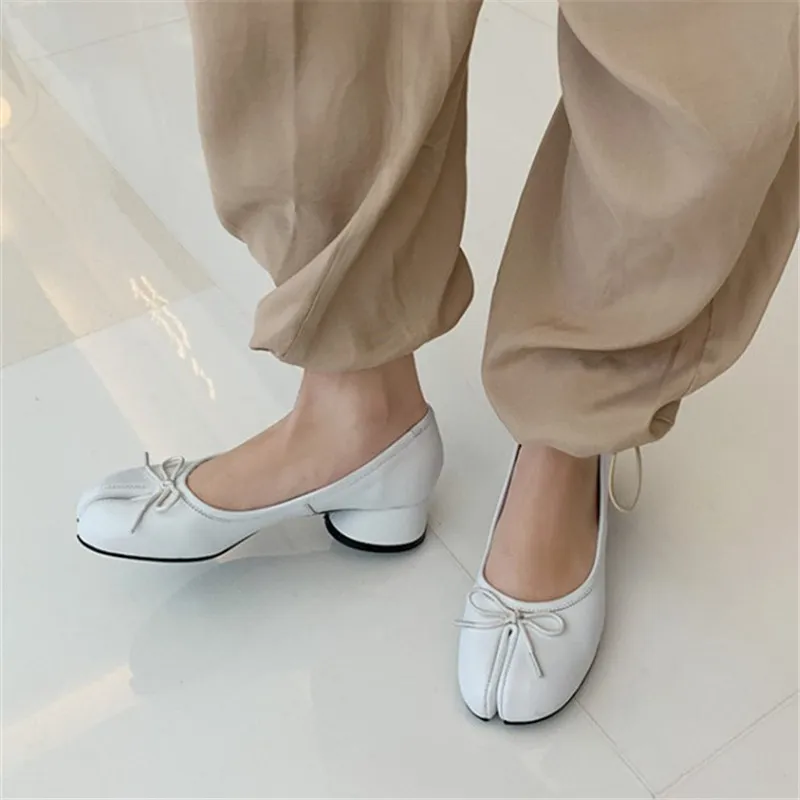 PXELENA Celebrity Genuine Leather Split Toe Round Low Heels Shoes Women Spring Bowknot Tabi Ninja Pig Feet Pumps Ladies 220614