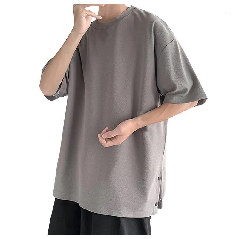 メンズTシャツ2022ファッションカジュアルOネックサイドボタンソリッドルーズハーフスリーブTシャツトップ韓国洋服夏TシャツCamiseta