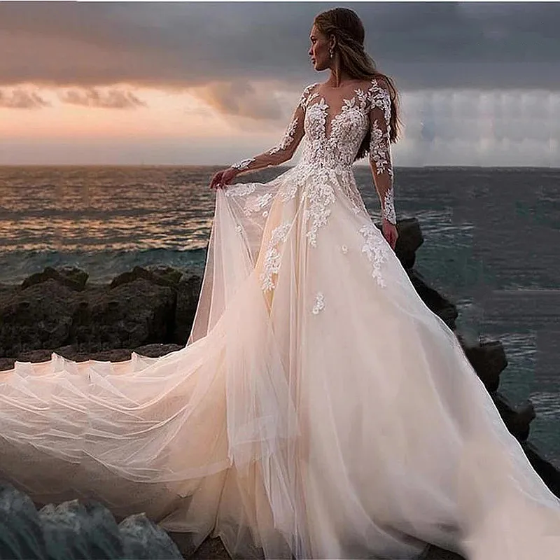 Boho Beach Wedding Dresses: Illusion Long Sleeve A Line Tulle Bridal ...
