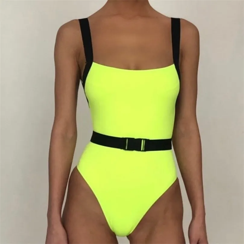 Neon Yellow Belt Buckle 1pc Swimsuit Swimwear Women Sexy Bikini 2020 Summer Monokini High Cut Bathing Suit Women Bathers T200708