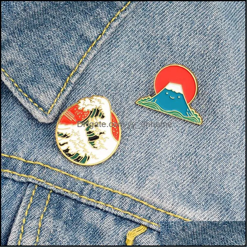 Pins Brooches Jewelry Japanese Style Enamel Pin Custom Ocean Wave Mount Fuji Brooch Badges Bag Shirt Lapel Pins Buckle Cartoon Gift For Fri